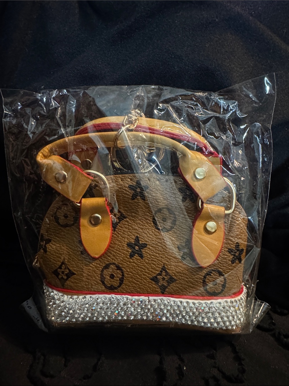 Brown Monogram Mini Satchel with Rhinestone Trim large keychain